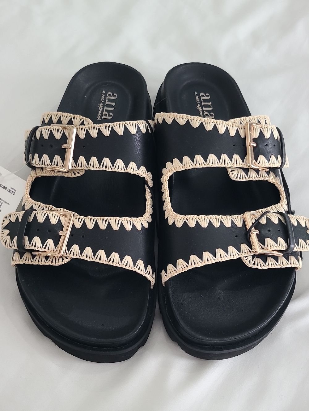 NWT a.n.a Birki Style Black Slide Faux Leather Sandals W/Cream Stitching Sz 8